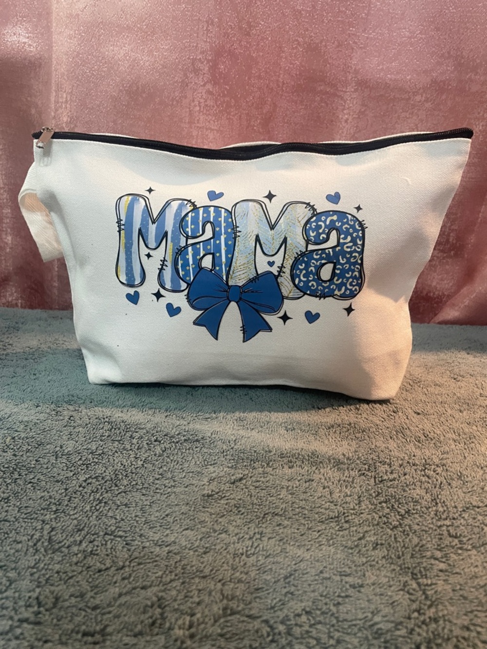 Mama Graphic Design Blue White Cosmetic Makeup Travel Pouch Wristlet Bag - Picture 2 of 3